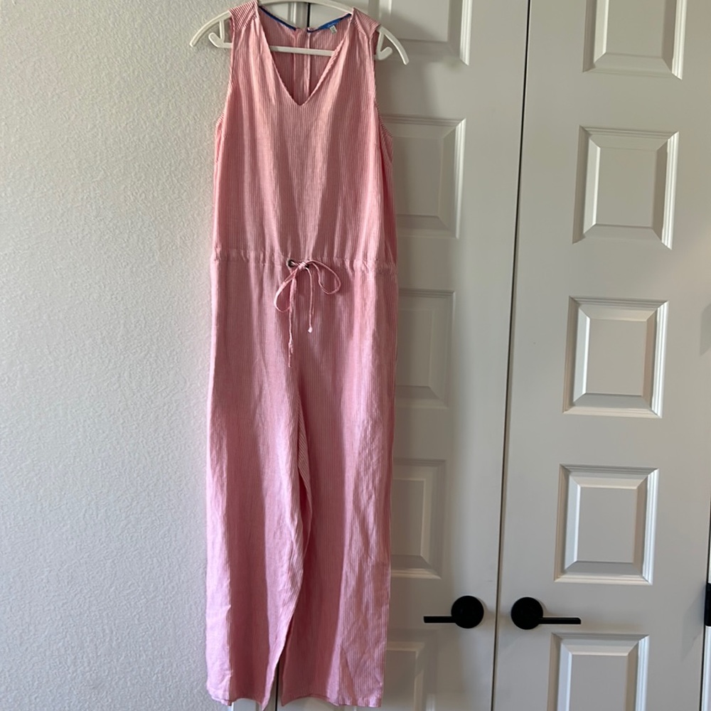 Pink and white linen stripe jumpsuit